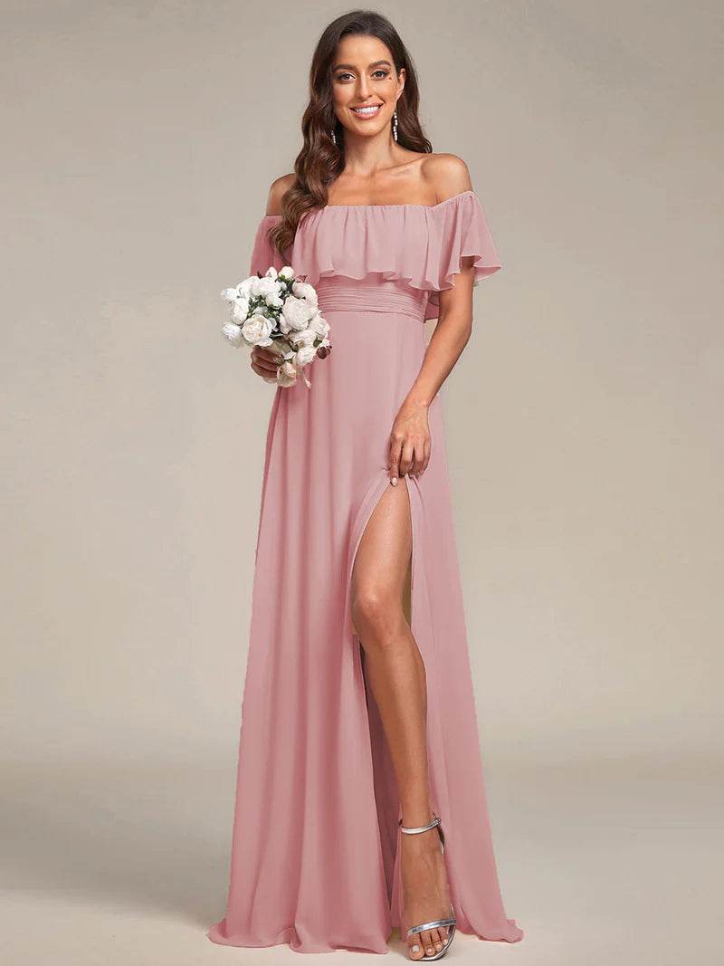 Off-the-Shoulder Bridesmaid Dress – Ruffled with Thigh Split - Biamonde